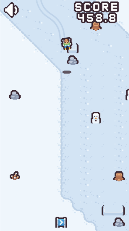 Skiing downhill past a snowman and rocks