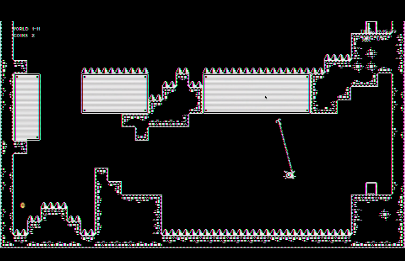 A spike-trap gauntlet in Find The Door, with the grappling hook line active and a coin in view